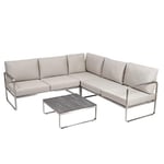 greemotion Meubles de Jardin Sydney pour 5 Personnes, Ensemble de 2 Bancs, 1 Fauteuil d'angle et 1 Table en INOX avec Coussins, Argent/Anthracite/Beige