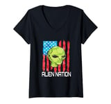 Womens Funny Alien UFO USA Flag and Green Alien Head V-Neck T-Shirt