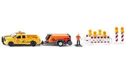 siku 3505, RAM 1500 Pick-up avec remorque compresseur,1:50, Métal/Plastique, Jaune/Orange, Figurine de jeu et barrières incluses