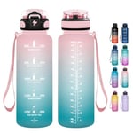 Grsta Gourde 1.5l, Gourde Motivation Avec Paille, sans BPA, Gourde Sport, Bouteille d'eau avec Marqueur de Temps pour le Camping, la randonnée - Pink-Cyan