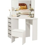 Dolaso - Coiffeuse avec Miroir, 5 tiroirs et Tabouret, Blanc Bureau de Maquillage avec 3 miroirs, Table de Maquillage de Coin pour Chambre, Blanc