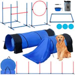 VEVOR Équipements d'Entraînement Agilité pour Chien, Ensemble 7PCS, Parcours Obstacles pour Chiot, Haies Hautes Réglables, 6 Poteaux, 2 Tunnels, Anneau de Saut, Boîte Pause, 3 Frisbees, Sifflet, Bol