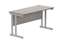 Office Hippo Essentials Rectangular Desks, Home Writing Computer Desk Office Desk For Work Place Or Home, Home Office Desk With Cable Port Management, Silver Frame, Alaskan Grey Oak 140cm x 60cm