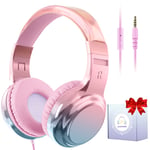 Pink with box Écouteurs filaires avec micro pour filles, écouteurs supra-auriculaires pour l'école, casque pour PC, téléphone,x pour enfants, violet, rose, nouveau ""Nipseyteko