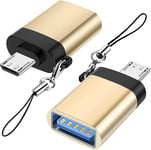 Adaptateur Micro USB vers USB 3.0 (Pack de 2) avec Lanière, Micro USB Mâle vers USB-A Femelle Adaptateur OTG Compatible avec Samsung S7 S6, Micro Appareils OTG, Clé USB, Clavier (Or)