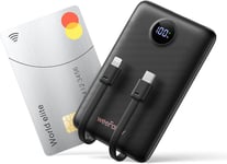 Batterie Externe Portable 10000mah, Power Bank Charge Rapide Pd 22.5w Avec 2 Câbles Intégrés & Usb C Sortie, Ultra Mince Légère Portable Chargeur, Universel Compatible Iphone/Samsung, Noir[X1278]