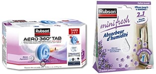 Rubson AERO 360° Recharges en tabs parfum lavande relaxante, 4 x 450 g & Minifresh Absorbeur d’Humidité en sachet, spécial placards, penderies, Absorbeur d’odeur 2 sachets parfum lavande de 50 g