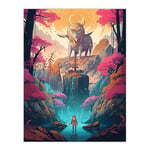 Artery8 Japanese Yokai Concept Art Painting Mythical Folklore Creature Standing Before Warrior in a Cherry Blossom Forest Landscape Extra Large XL Wall Art Poster Print