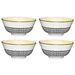 KitchenCraft Set of 4 Glazed Stoneware Bowls with Moroccan Pattern, Black, Yellow & White Ceramic Bowls with Footed Base, Microwave & Dishwasher Safe, 15.7 cm (6"), POKCBOWL10