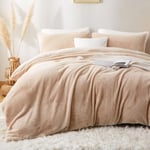 Lanqinglv Parure de lit en Peluche 135 x 200 cm - Beige et Blanc - Fausse Fourrure Moelleuse - Parure de lit d'hiver Chaude et Douillette - Flanelle Polaire Unie - avec Fermeture éclair et 1 taie