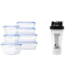 Amazon Basics Airtight Glass Food Storage Container Set with BPA-Free & Locking Plastic Lids & Warrior Supplements 7091 Protein Shaker Bottle 600ml - Mixball Shake Blender (Pack of 1), Black