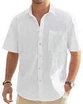 J.VER Men's Cotton Linen Short Sleeve Shirts Casual Lightweight Button Down Shirt Beach Summer Tops with Pocket, White, Large