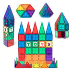 Playmags Magnetic Tiles Set for Kids - 60 Pc Magnetic Building Blocks with ABC Click-ins - STEM Development Magnetic Tiles For Kids - Stronger Magnet Building Block Toys for Kids