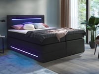 Ensemble complet boxspring tête de lit avec leds + sommiers coffre + matelas + surmatelas - 160 x 200 cm - Simili - Noir - KEROS