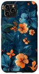 Coque pour iPhone 11 Pro Max Motif floral abstrait bleu avec abeilles tropicales vintage