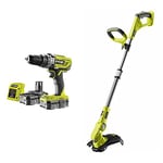 Ryobi R18PD3-215GZ 18 V ONE+ Cordless Combi Drill Starter Kit (2 x 1.5 Ah) & OLT1832 18V ONE+ Cordless Grass Trimmer Only, 25-30cm, Hyper Green