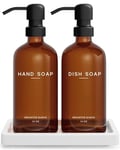 Amber Glass Hand and Dish Soap Dispenser Set by Brighter Barns - Kitchen Soap Dispenser Set with Tray - Farmhouse Soap Dispenser for Kitchen Sink - Modern Kitchen Decor, Bathroom Accessories (Amber)