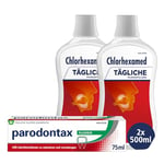 Chlorhexamed Rinçage buccal quotidien, 2 x 500 ml + dentifrice Parodontax fluorure, 1 x 75 ml