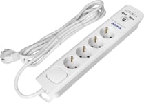 Orno Överspänningsskydd, 4 Uttag 2P+Z (Schuko), Kabel 3X1,0Mm2, 3M, Med Dubbelkopplad Belyst Strömbrytare. 16A/230 Vac, Typ 3 Överspänningsskydd, 2Xusb 2,1A Laddare, Vit