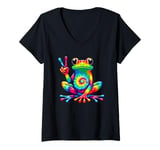 Womens Colorful Tie Dye Frog Peace Sign Cute Hippie Frog Lover V-Neck T-Shirt