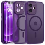 FLLAO Magnétique Coque pour iPhone 12 avec 2 Verre Trempé, Compatible avec MagSafe, Protection d'objectif Tout Compris, Etui Mat Arrière Housse Fine Antichoc Case iPhone 12 6.1", Violet Foncé