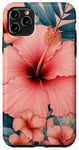 Coque pour iPhone 11 Pro Max Fleurs d'hibiscus esthétiques - Pétales de corail et feuilles bleu sarcelle