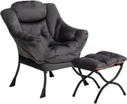 Fauteuil Chaise Scandinaves Avec Repose-Pieds, Chaise Paresseuse En Velours Chaise De Canapé De Loisirs Avec Structure En Acier, Gris Foncé Avec Repose-Pieds