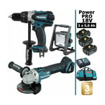 Pack Makita Power pro 18V: Perceuse 91Nm DDF458 + Meuleuse 125mm DGA504 + Lampe de chantier led 750lm + 3 batt 5Ah + sac Makita