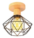 PETITES ECREVISSES Plafonnier Luminaire Industrielle, Lustre Suspension Interieur, Vintage Plafond Abat-Jour Bois et Métal 220mm Lampe E27 Corde Ajustable pour Salon Cuisine