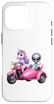 Coque pour iPhone 16 Pro Licorne et extraterrestre OVNI équitation une moto garçons filles femmes