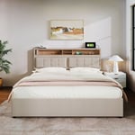 Lit adulte lit double capitonné 140 x 200 cm avec 4 tiroirs et prise USB C. Beige. Sans Matelas