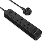 JSVER Extension Lead with 4 USB Ports Desktop Power Strip Smart Charging Station 3 Outlets USB Power Socket for Home Travel, Black