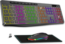 - R Type, Ensemble Clavier Souris Sans Fil Silencieux + Tapis Antidérapant, Rétroéclairé Rgb, Souris Led Optique 1600 Dpi, Kit Bureautique Rechargeable, Pour Pc, Mac & Ordinateur Portable