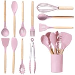 BASVII Ustensiles de Cuisine Silicone 12 Pièces, en Silicone Bon et Poignées Bois, Set Ustensile Cuisine Convenant Toutes Casseroles Poêles (Rose)