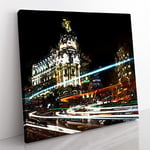 Nightime in Madrid Spain in Abstract Modern Canvas Wall Art Print Ready to Hang, Framed Picture for Living Room Bedroom Home Office Décor, 35x35 cm (14x14 Inch)