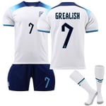 England VM 2022 hemmatröja Grealish #7 Fotbollströja T-shirt Shorts Kit Fotboll 3-delade set för barn Vuxna fotboll Tröjor Kids 24(130-140cm)