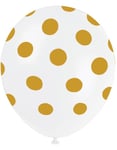 6 stk 30 cm - Hvite Ballonger med Gullfargede Polka Dots