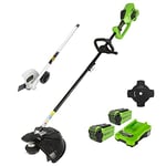 Greenworks Cordless Lawn Trimmer 40V 40cm, 25cm Brush Cutter Blade, Edger Attachment, incl. 2 Battery 2Ah & Charger