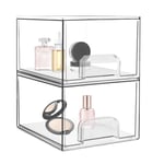 Lot de 2 Tiroirs de Rangement Empilables, 19,05x15,24x16,7 cm, Organisateur Maquillage Transparents avec 16 Tapis Antidérapants, Boite en Plastique avec Couvercle, pour Coiffeuse Salle Bain Bureau (B)