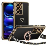 Coque avec Cordon pour Samsung Galaxy S24 Ultra 5G, Coeur Motif Étui avec 360 Rotatif Anneau Support TPU Souple Silicone Housse Amovible Collier Téléphone Portable Lanyard Case, Noir