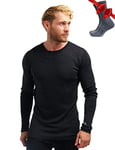 Chemise Homme Manches Longues en Laine Mérinos 100% - Chaud Merino Haut Thermique Homme + Chaussettes de randonnée en Laine mérinos (Large, Charcoal Gray 250)