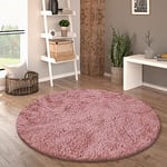 Paco Home Tapis De Salon Poil Long Rond Salon Tapis Shaggy Moderne Poil Long Fausse Fourrure Moelleux Monochrome, Dimension:160 cm Rond, Couleur:Rose Foncé