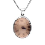 Sterling Silver Rose Quartz Alice In Wonderland Domed Small Oval Clock Face Necklace