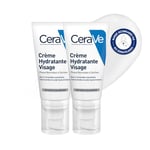 CeraVe - Crème Hydratante Visage - Hydrate 24h, Apaise & Répare - Diffusion Prolongée des Actifs - 3 Céramides Essentiels, Niacinamide, Acide Hyaluronique - Peau Normale à Sèche - 2 x 52 ml