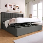 Lit coffre lit rembourré lit double hydraulique 180x200cm, sommier à lattes en bois, lit avec sommier à lattes en métal, lin, gris