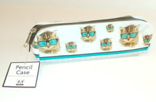 PET GEEK Kitten Cool SQUARE BARREL PENCIL CASE Turquoise Glasses Check PVC ZIP