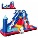 6 en 1 Château Gonflable en Forme Dauphin avec Toboggan & Mur d'Escalade, Aire de Jeux Gonflable avec Piscine & Canon à Eau, Charge 90kg pour 2