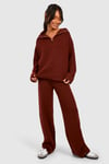 Womens Half Zip Funnel Neck And Wide Leg Trouser Knitted Tracksuit - Red - 14, Red