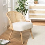 ALBANE- Chaise basse Hévéa assise tissu bouclette blanc dossier rotin