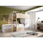 Lit pour enfants Marmolada, Chambre complète avec armoire et tiroirs, Composition de lits superposés avec deux lits simples, 255x112h150 cm, Blanc et